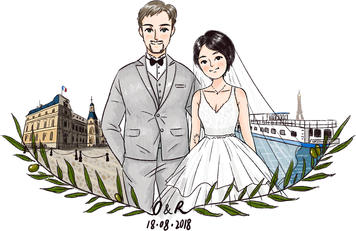 Olivier & Ran en costume de mariage sur fond la mairie et la péniche